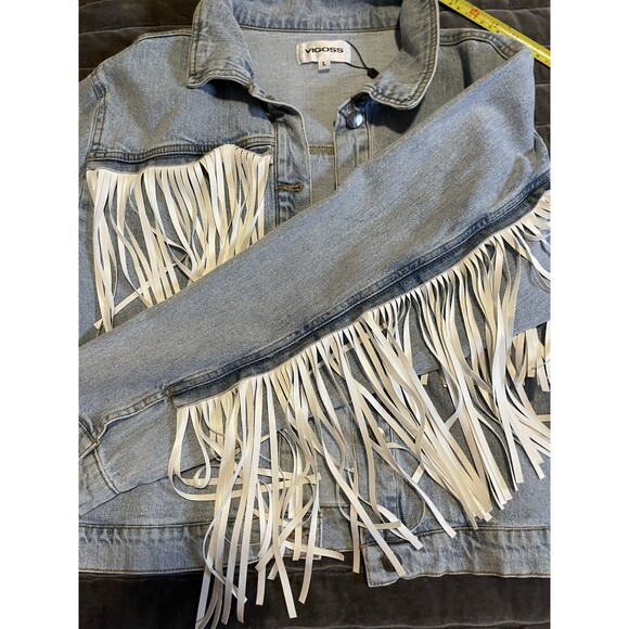 NewW tags BRIDE Denim L Jean Jacket fringe bachelorette party wedding honeymoon - Picture 7 of 14